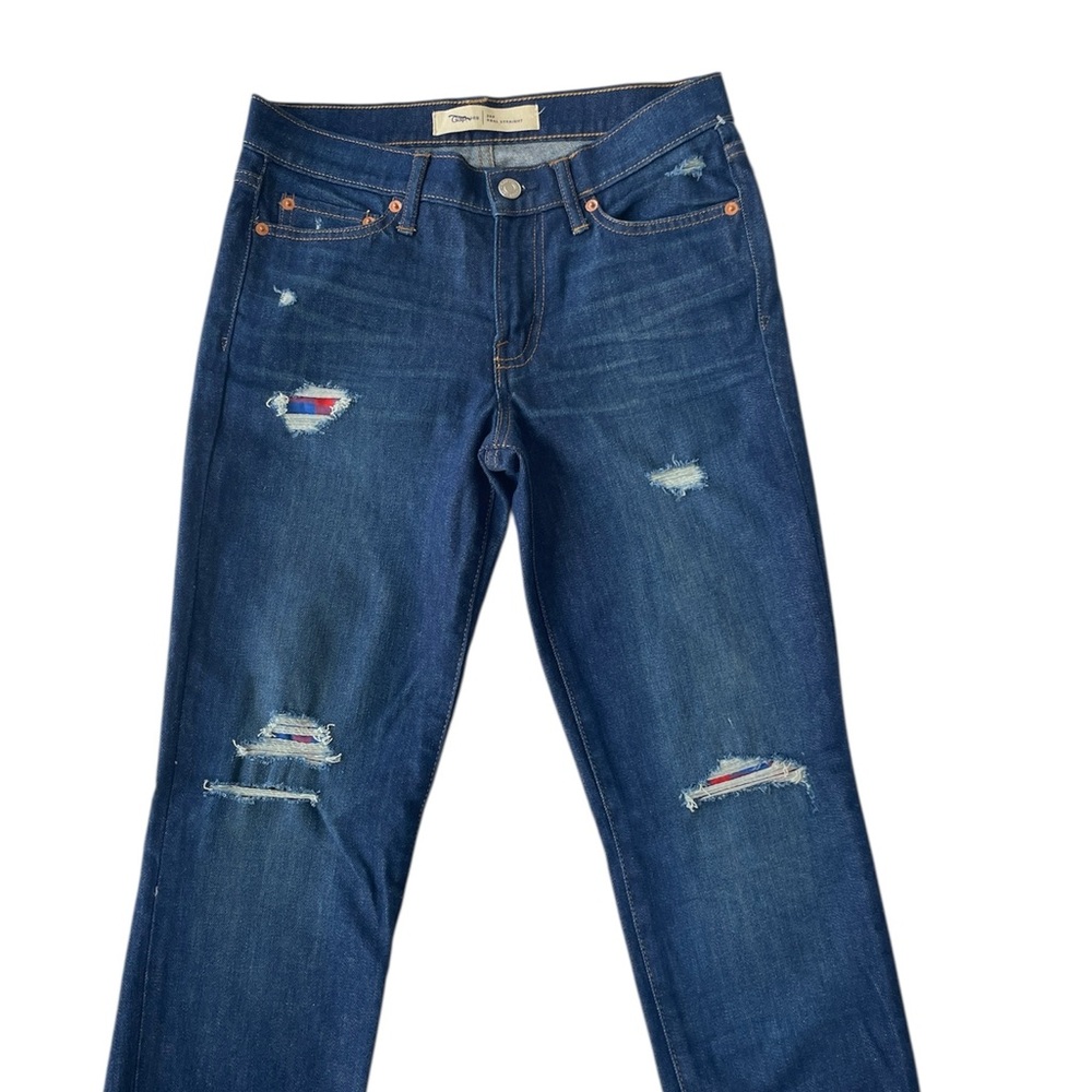 Gap 1969 Real Straight Denim Jeans Distressed Plaid Patches Ladies 26 Petite New